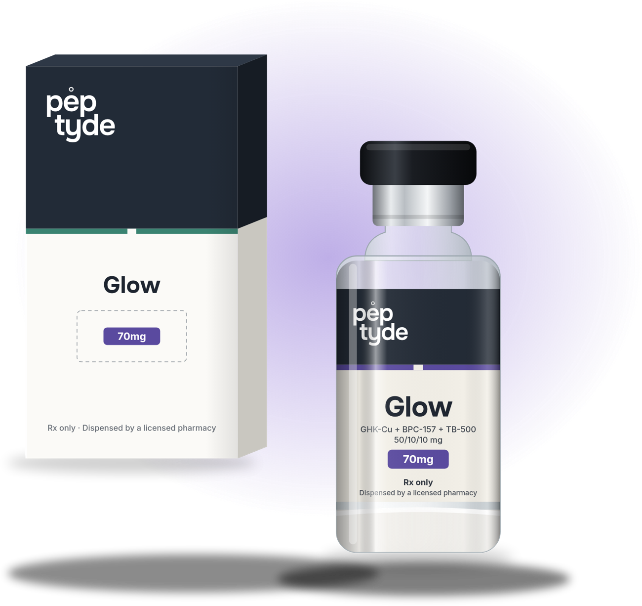 Digital render of an oversized Peptyde Glow vial and carton with a violet glow